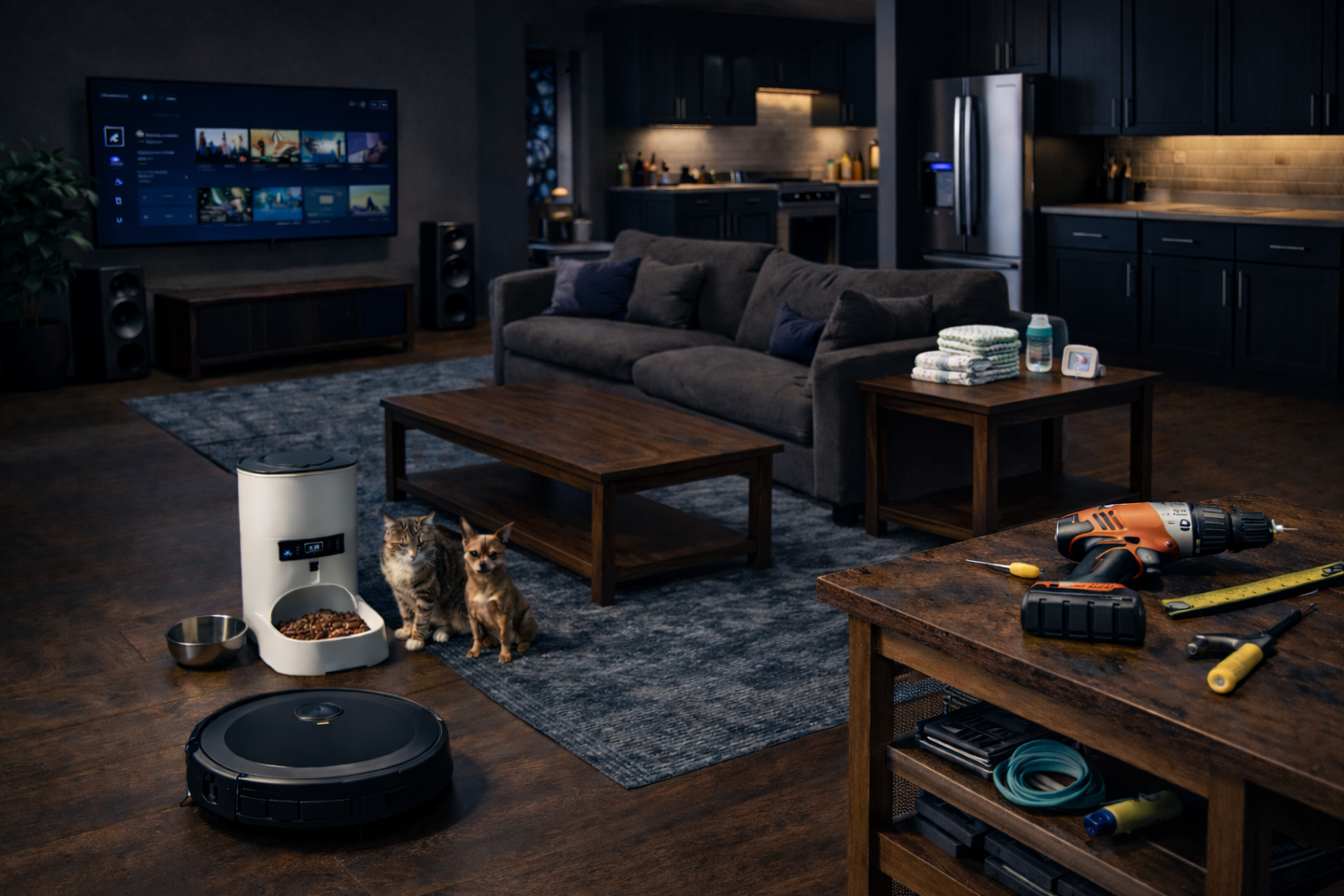 Modern American home showing product reviews for home improvement, kitchen appliances, baby items, and pet products in a real lifestyle setting