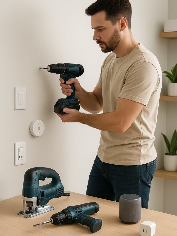 home improvement workspace with cordless drill, power tools and smart home device