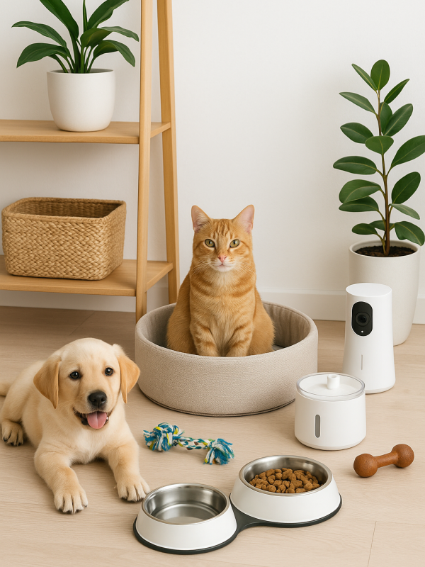 smart pet feeding area with cat and puppy, automatic food bowls and indoor pet camera