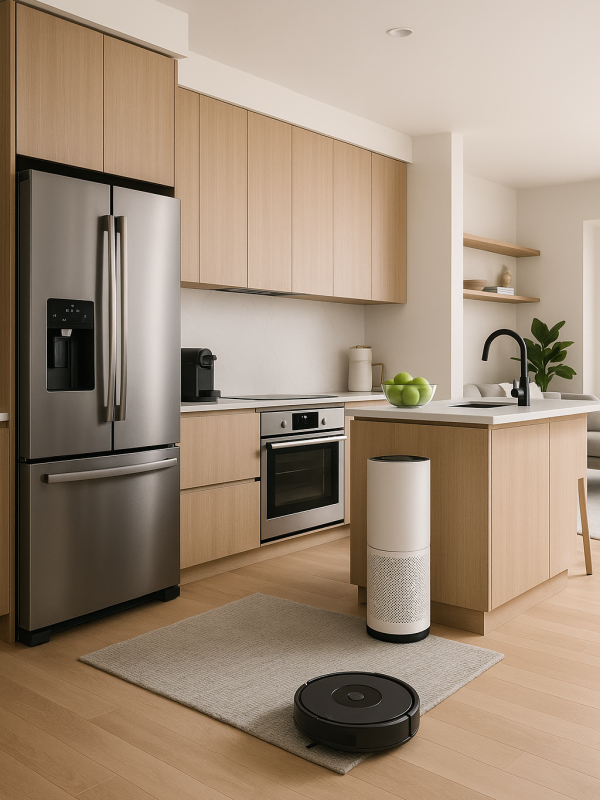 modern smart kitchen with robot vacuum cleaner and connected home appliances