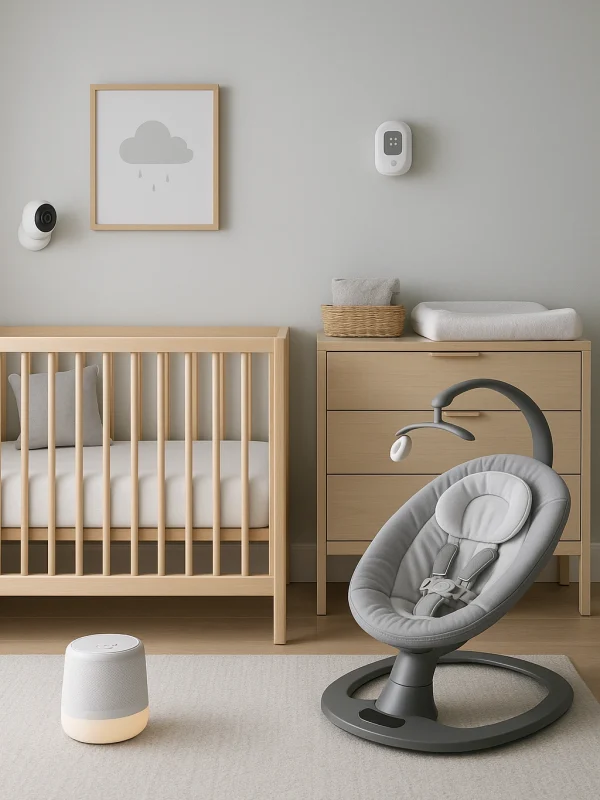 smart baby nursery with crib, baby monitor camera, and modern baby swing chair